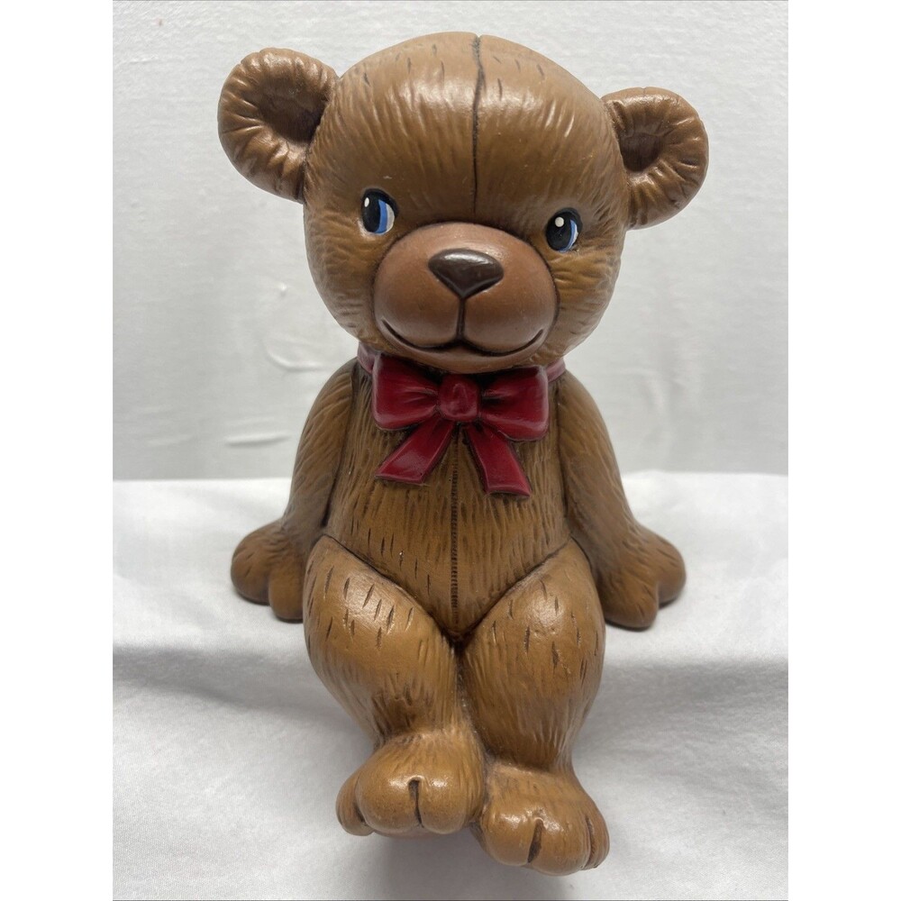 Vintage 1980's BROWN TEDDY BEAR RED BOW Shelf Sitter 8” Tall Child’s Room Decor